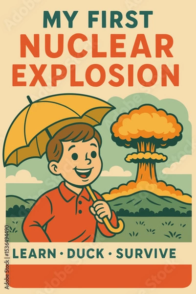 Fototapeta Child holding umbrella in front of nuclear explosion illustration - Concept of International Day for the Abolition of Nuclear Weapons  