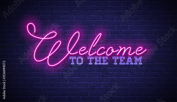 Fototapeta Welcome Glowing Neon Light Sign Lettering Design on Vintage Brick Wall Background. Vector Modern Neon Signboard Illustration Template with Typography Label for Banner, Greeting Card, Post Card, Flyer