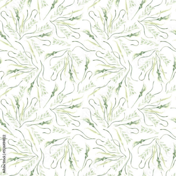 Fototapeta White flowers calla lilies and soft greenery elegant seamless watercolor pattern isolated. Light floral repeat background hand painted for botanical home textiles, minimalist packaging, fabrics.
