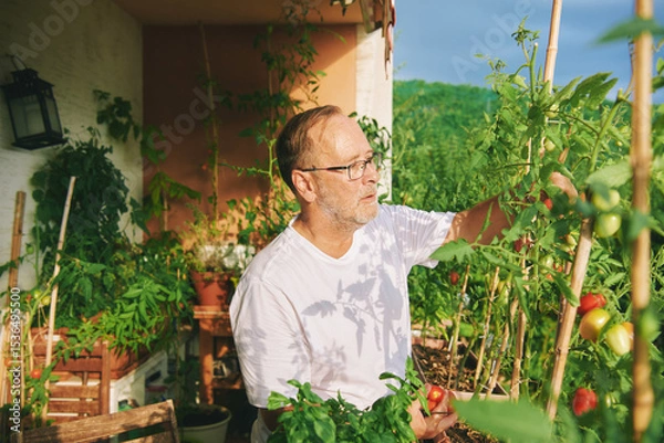 Fototapeta Middle age man harvesting tomatoes on his balcony