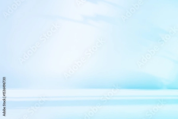 Fototapeta Abstract blue color gradient studio background for product presentation. Empty room with shadows of flowers and plant leaves. 3d room with copy space. Summer concept. Blurred backdrop