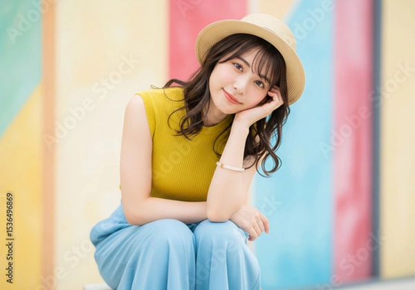 Obraz 夏のファッションを着こなす日本人女性モデル