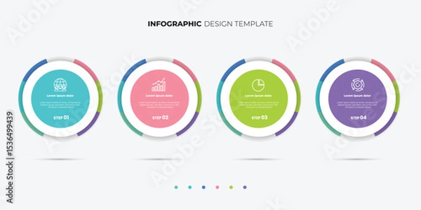 Fototapeta Semicircular pie chart divided into 4 colorful sectors. Concept of four features of startup project to select. Minimal flat infographic for business information visualization