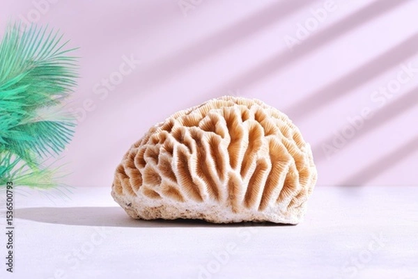 Obraz Beige Coral Seashell on White Sand with Tropical Plant Shadow