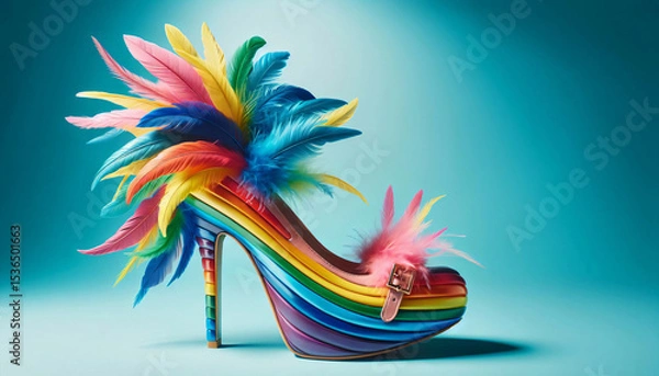 Obraz High Heel mit bunten Federn in Regenbogenfarben, hellblauer Hintergrund, copy space