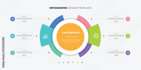 Fototapeta Semicircular pie chart divided into 6 colorful sectors. Concept of six features of startup project to select. Minimal flat infographic for business information visualization