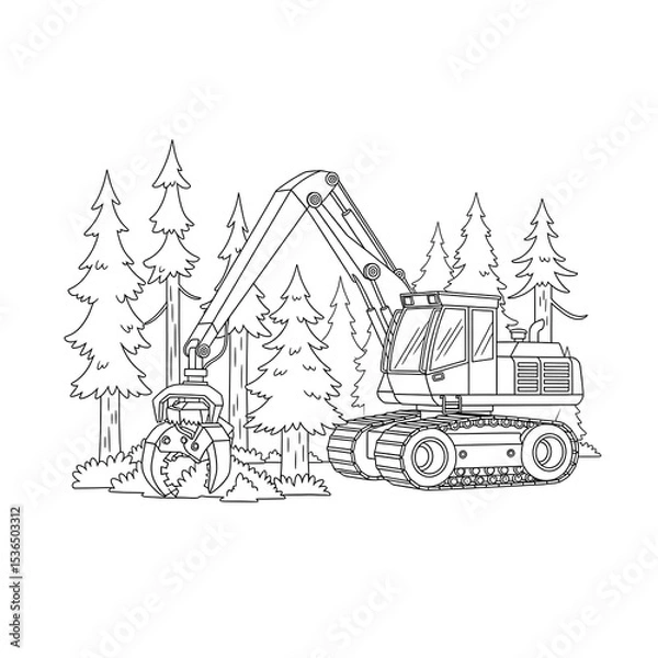 Fototapeta Logging equipment coloring page for kids and adults forestry machinery outline drawing art on transparent background