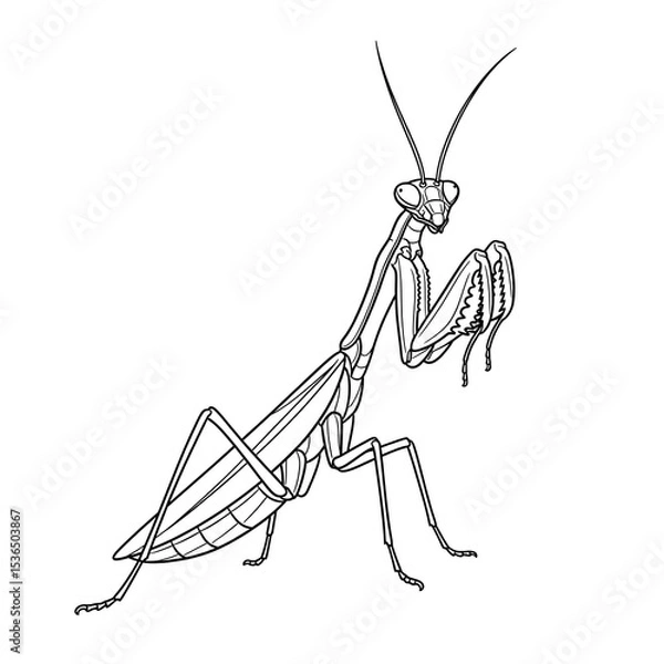 Fototapeta Praying mantis line art drawing vector illustration insect outline design for coloring page on transparent background
