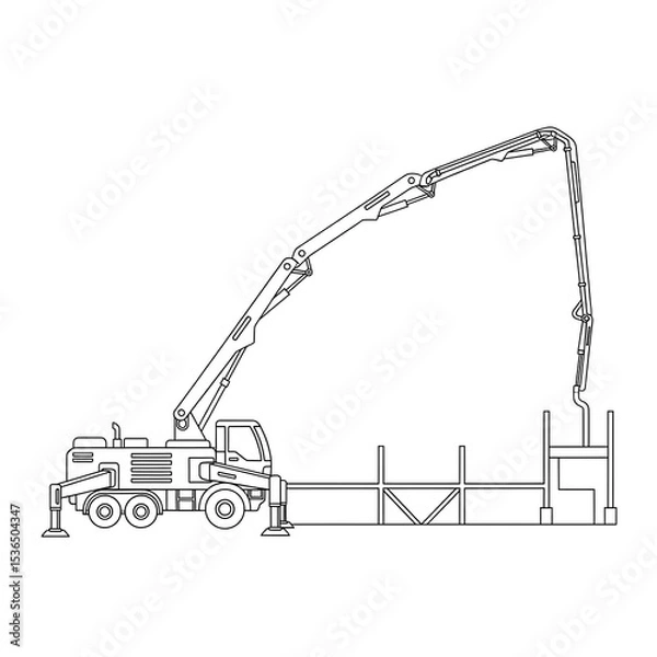 Fototapeta Concrete pump truck line drawing vector illustration for construction and industry use on transparent background