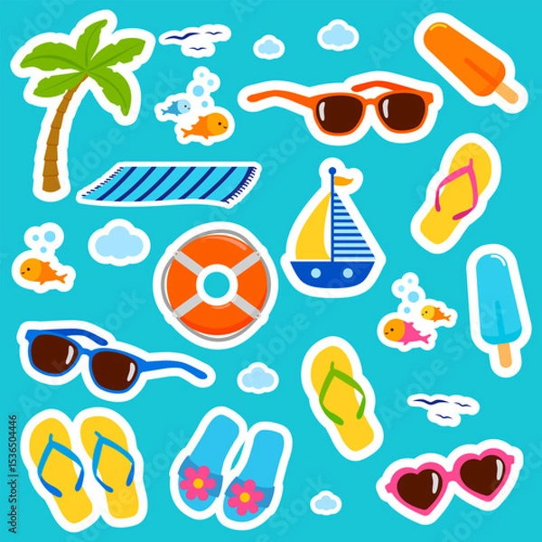 Fototapeta Summer beach vacation objects sticker sheet set. Happy fun sticker set for kids on a tropical holidays island. Cute sticker sheet, planner and scrapbook. Vector illustration