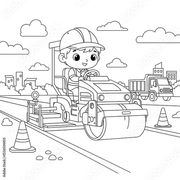 Fototapeta Road construction coloring page for kids with roller truck and worker outline drawing on transparent background