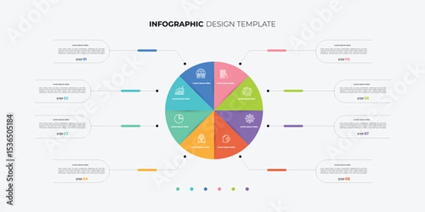 Fototapeta Semicircular pie chart divided into 8 colorful sectors. Concept of eight features of startup project to select. Minimal flat infographic illustration for business information visualization