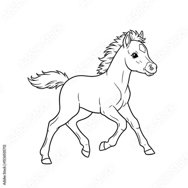 Obraz Cute baby horse foal line art drawing illustration for kids coloring page activity book on transparent background