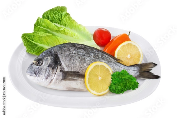 Obraz Gilthead Sea Bream and salad isolated on white background