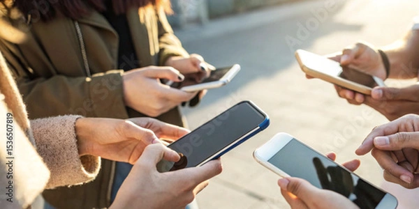 Fototapeta Group of people who use smartphones in concept of communication through mobile internet and convenient and fast teamwork