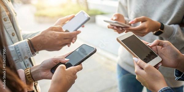Obraz Hands of businessman holding a smartphone with secure exchange of information using smartphones in concept of fast internet communication