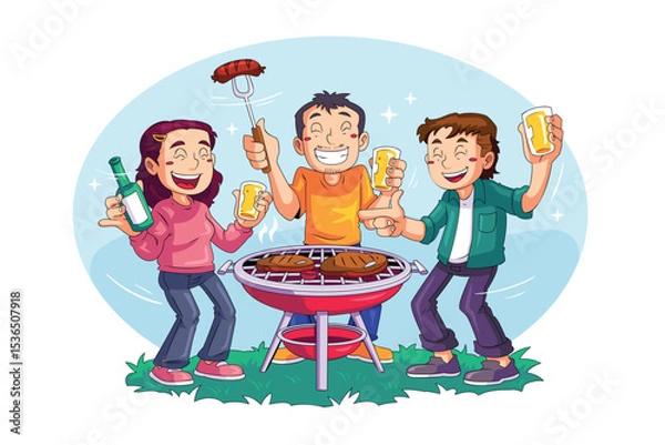 Fototapeta Three Friends Eating Sausages and Meat with Drinks at Barbecue