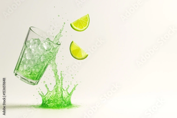 Obraz "Lime Soda Splash with Crushed Ice and Flying Citrus — Ultra-Crisp Macro Beverage Scene (8K, High-Speed Studio Photography)"