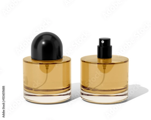 Fototapeta Blank Empty Round Perfume Glass Bottle, Cosmetic Spray Bottle Isolated On Transparent Background, Prepared For Mockup, 3D Render.