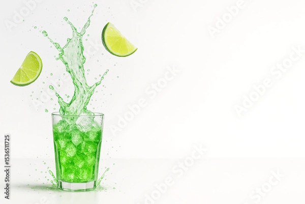Obraz "Lime Soda Splash with Crushed Ice and Flying Citrus — Ultra-Crisp Macro Beverage Scene (8K, High-Speed Studio Photography)"