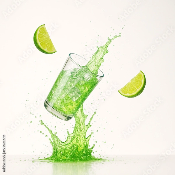 Obraz "Lime Soda Splash with Crushed Ice and Flying Citrus — Ultra-Crisp Macro Beverage Scene (8K, High-Speed Studio Photography)"