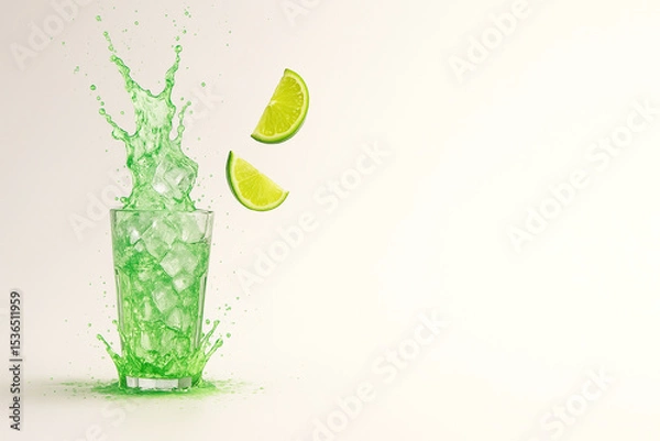 Obraz "Lime Soda Splash with Crushed Ice and Flying Citrus — Ultra-Crisp Macro Beverage Scene (8K, High-Speed Studio Photography)"