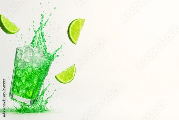 Obraz "Lime Soda Splash with Crushed Ice and Flying Citrus — Ultra-Crisp Macro Beverage Scene (8K, High-Speed Studio Photography)"
