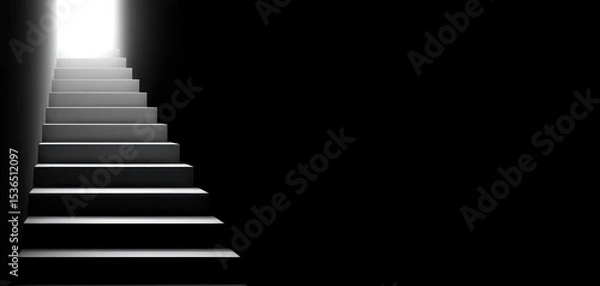 Fototapeta Dark staircase leads to bright open door symbolizing hope and escape from suicidal thoughts in dramatic contrast of light and shadow