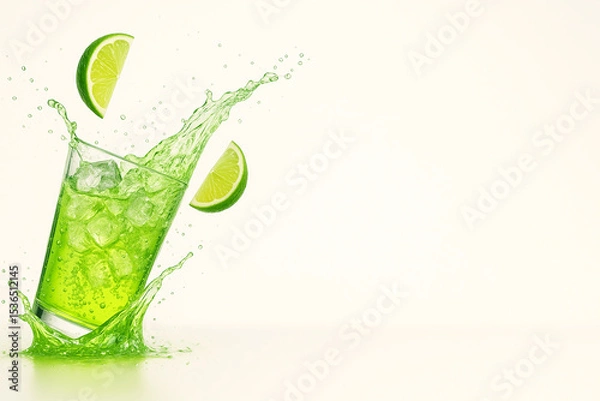 Obraz "Lime Soda Splash with Crushed Ice and Flying Citrus — Ultra-Crisp Macro Beverage Scene (8K, High-Speed Studio Photography)"