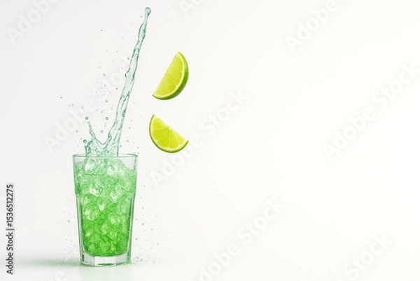 Obraz "Lime Soda Splash with Crushed Ice and Flying Citrus — Ultra-Crisp Macro Beverage Scene (8K, High-Speed Studio Photography)"