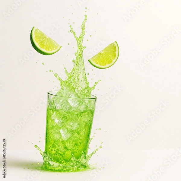 Obraz "Lime Soda Splash with Crushed Ice and Flying Citrus — Ultra-Crisp Macro Beverage Scene (8K, High-Speed Studio Photography)"