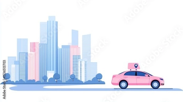 Fototapeta Pink taxi cab driving through a modern cityscape with skyscrapers and trees in a minimalistic design style