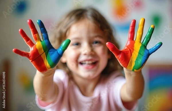 Obraz Joyful child with colorful painted hands smiling. Girl in creative arts crafts session has fun. Painted palms painted rainbow colors. Happy face. Child art fun.