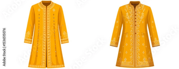 Obraz  Flat vector illustration of embroidered mustard yellow sherwani with traditional Indian motifs, isolated on transparent background PNG