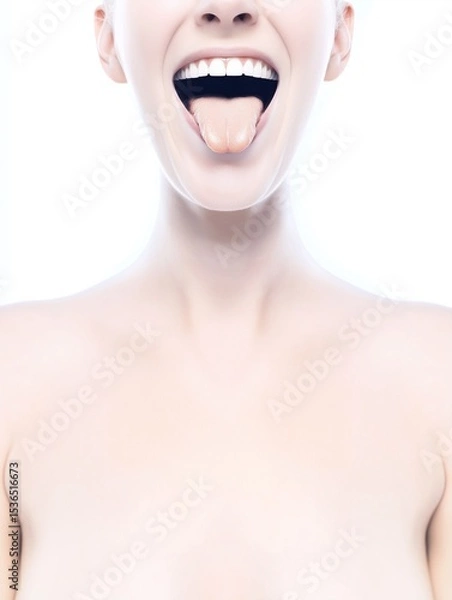 Fototapeta Happy woman  with a white smile and an open mouth showing her tongue
