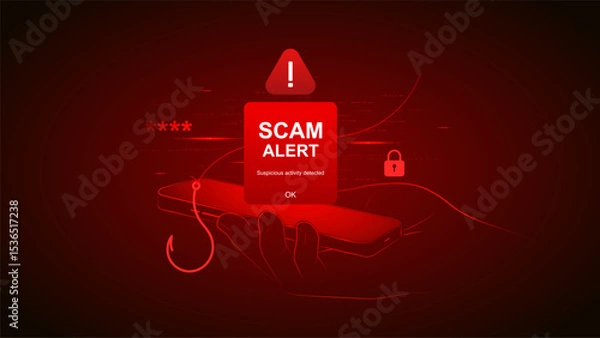 Fototapeta Smartphone scam alert vector with hacker phishing fraud and mobile phone hand malware cybercrime virus.