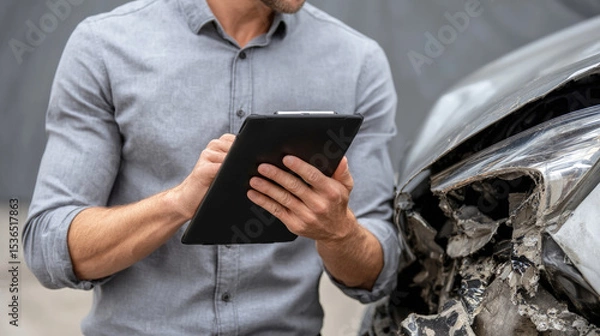 Fototapeta Insurance agent inspects and documents car damage using digital tablet.