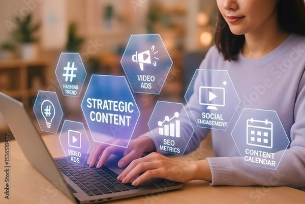 Fototapeta Strategic Content Creation with Video Ads and SEO Engagement Metrics