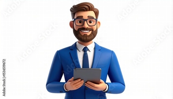 Fototapeta 3D character of a happy business man with a beard, wearing a blue suit and glasses