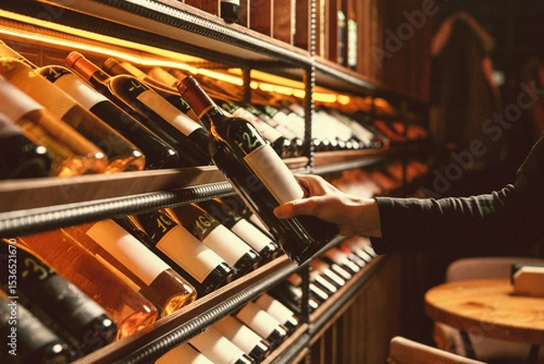Obraz Man Selecting Red Wine in Wine Cellar