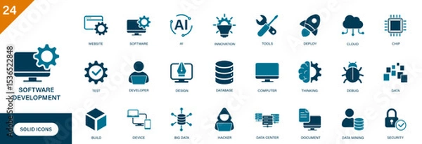 Fototapeta Software development icon. Information technology, computer, programming, data, debug, thinking, chip. Solid vector icons collection.