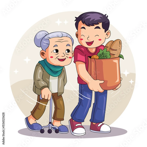 Fototapeta Volunteer Assisting Elderly Person with Carrying Groceries