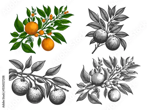 Fototapeta orange branch with fruit, leaves, and blossoms Set collection bundle sketch engraving generative ai raster illustration. Scratch board imitation. Black and white image.