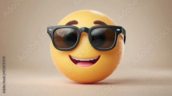 Fototapeta Cool smiley emoji with sunglasses Yellow face with broad smile Vector cartoon illustration