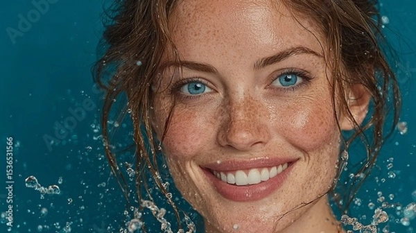 Fototapeta Closeup of smiling model with water splashes on face Skincare and moisturizing under blue background Beauty face concept