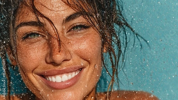 Fototapeta Closeup of smiling model with water splashes on face Skincare and moisturizing under blue background Beauty face concept