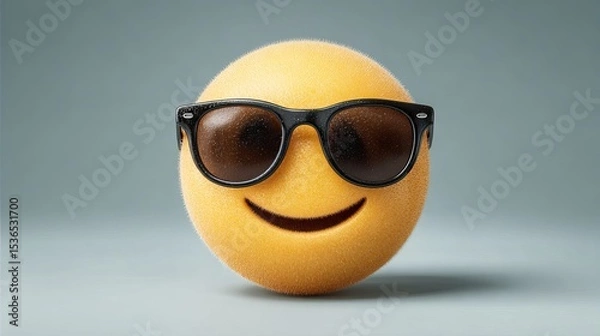 Fototapeta Cool smiley emoji with sunglasses Yellow face with broad smile Vector cartoon illustration