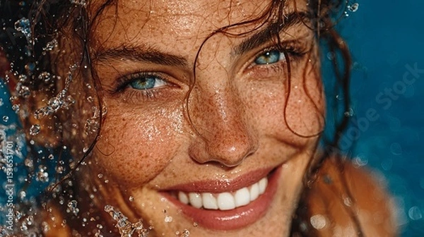 Fototapeta Closeup of smiling model with water splashes on face Skincare and moisturizing under blue background Beauty face concept