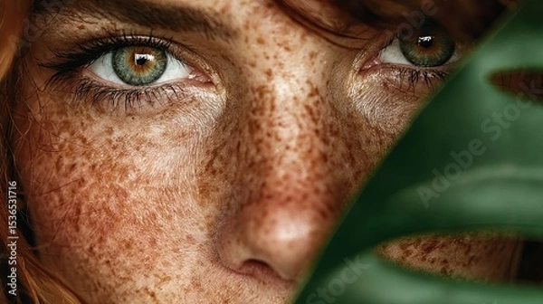 Fototapeta Closeup of womans face with green leaf Natural makeup and freckles Beauty portrait with leaf texture