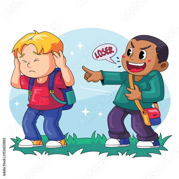 Fototapeta Kid Covers Ears During Bully Calling Loser